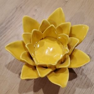 Tea light holder ceramic handmade yellow flower